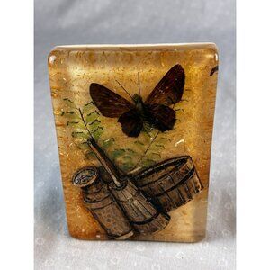 Vintage 1970s Acrylic Lucite Toothpick holder w/ Butterfly Greenery 3.25"